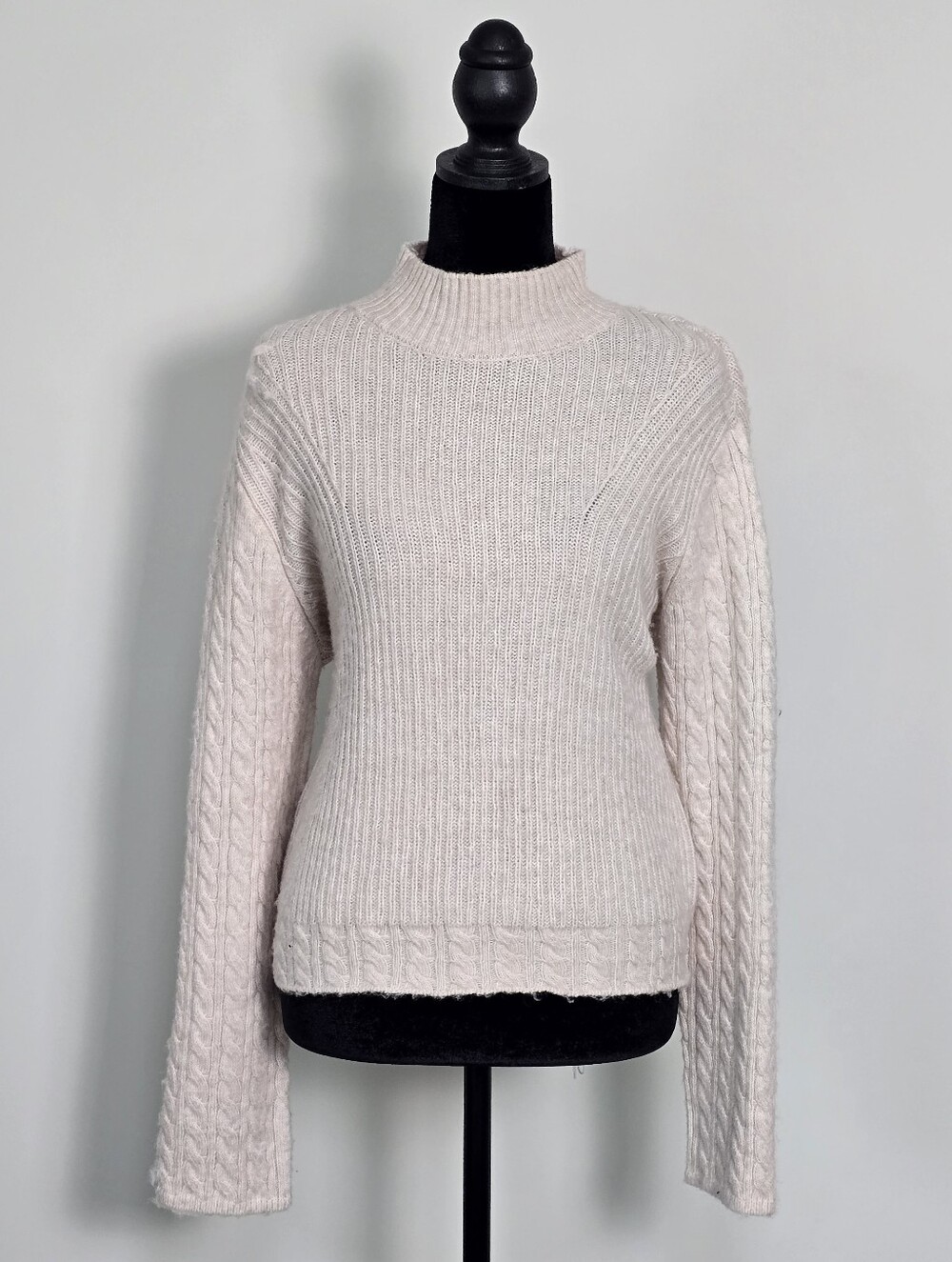 Mango Soft Cream Cable-Sleeve Mock Neck Sweater